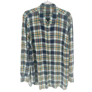 Talbots Shirt Womens 2X Blue Orange Plaid Button Down Long Sleeve Roll Tab Tunic